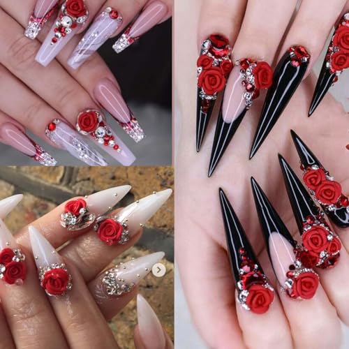 50Pcs Red Rose Nail Charms with Pearls, Valentine Resin Rhinestones