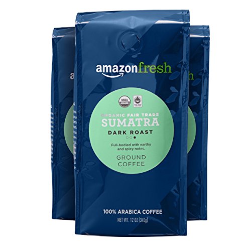Amazon Fresh Organic Fair Trade Sumatra Dark Roast Ground Coffee - 12 oz (Pack of 3)
