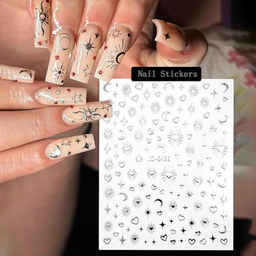 Star Moon Sun 3D Nail Art Stickers Decals Gold Silver 6 Sheets