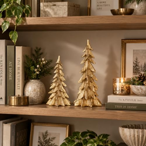 Golden Resin Christmas Trees Set of 2 Indoor Holiday Decor