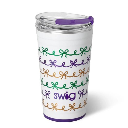 Swig Life 24oz Party Cup, Stackable Insulated Travel Coffee Tumbler with EZ Slider Lid, Cup Holder Friendly Travel, Stainless Steel 24 oz Tumbler, Reusable Mug (Mardi Gras Bows)