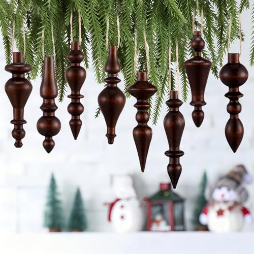 Wooden Christmas Ornaments Set - Brown Finials, 8 Pcs Holiday Decor