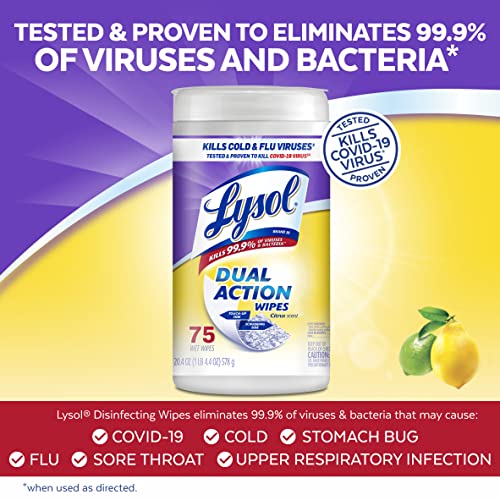 Lysol Dual Action Disinfectant Wipes, Citrus Scent, 75ct (Pack of 2)