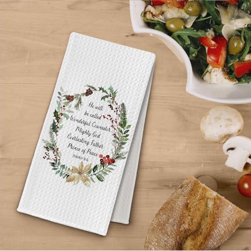 Christmas Christian Kitchen Towels - Holly Wreath Winter Dish Tea Hand Towel - Isaiah 9:6 Religious Decor - Casual Variation