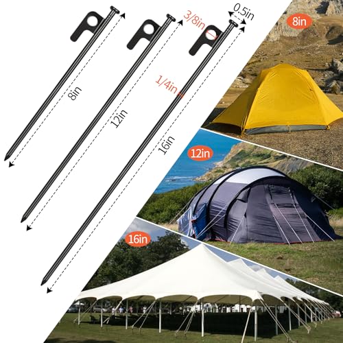 8 Pack 8in Heavy Duty Forged Steel Tent Stakes and Hammer Set, with Storage Pouch, Available in Rocky Place