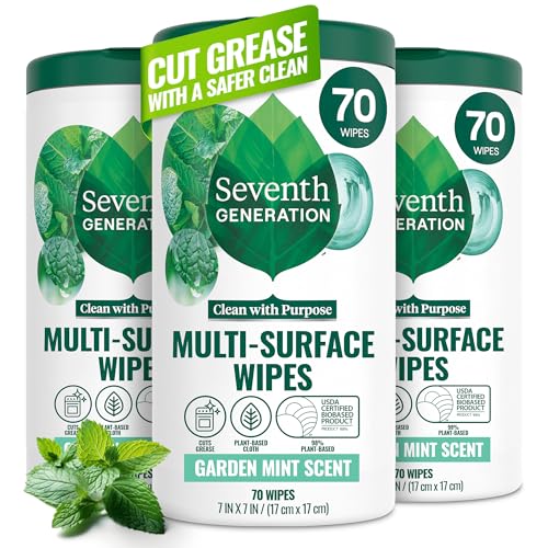 Seventh Generation Garden Mint Multi-Surface Wipes, 70 Count (Pack of 3) - Plant-Based, Safe for Kids & Pets