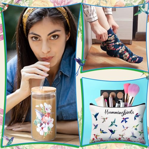 Hummingbird Gift Set with 16 oz Glass Tumbler Cosmetic Bag and Socks - Variation of Hummingbird