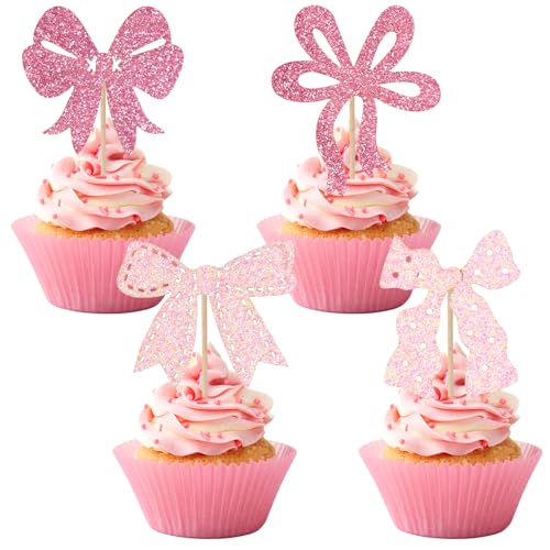 24 Pack Glitter Pink Bow Cupcake Toppers for Parties