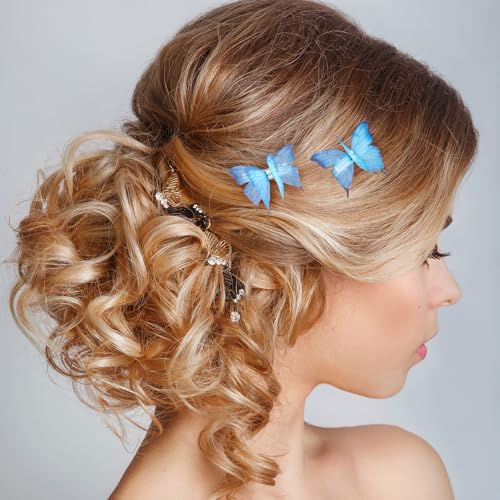 PAGOW 5pcs Blue Butterfly Hair Clips Rhinestone Snap Barrettes