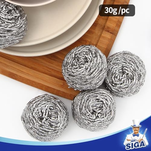 MR.SIGA Stainless Steel Scourer Pack of 6 – Heavy Duty Steel Wool Scrubbers for Pots & Pans