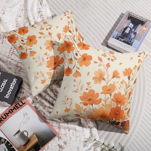 Burnt Orange Fall Floral Pillow Covers 18x18, Set of 2 Cotton Linen Cases
