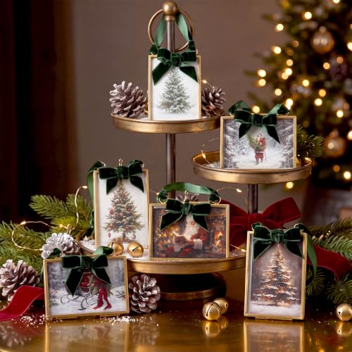 Christmas Picture Frame Ornaments Set - Vintage Brass & Hunter Green Bows