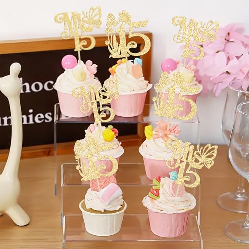 Ephlyn 24Pcs Glitter Cupcake Toppers for 15th Birthday Party