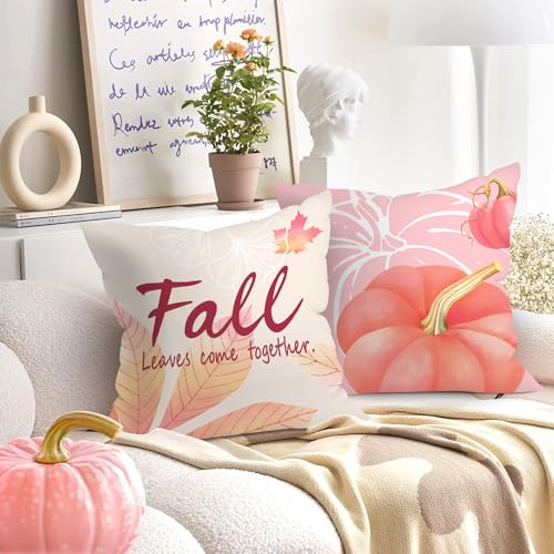 Fall Pink Pumpkin Throw Pillow Cushion Covers - Set of 4, 18x18