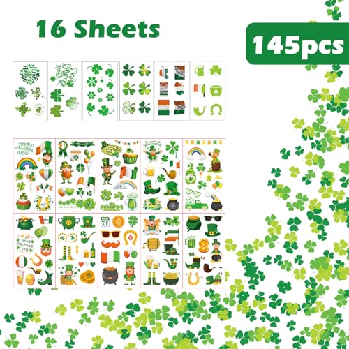 St. Patrick's Day Temporary Tattoos - 145 Pcs Shamrock & Gnome Designs