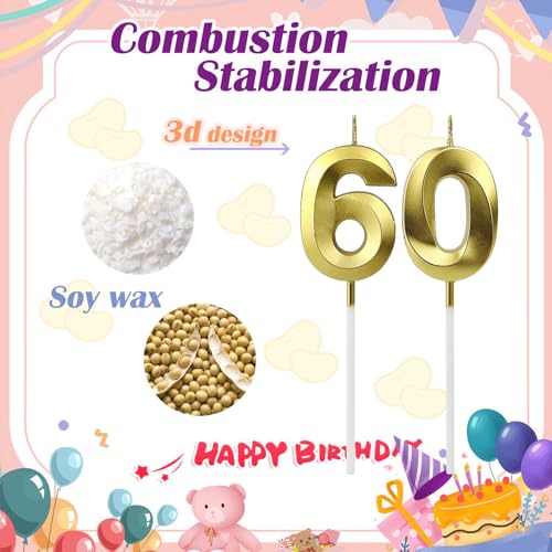 3D Gold Birthday Candles for 60th Anniversary Cake Topper