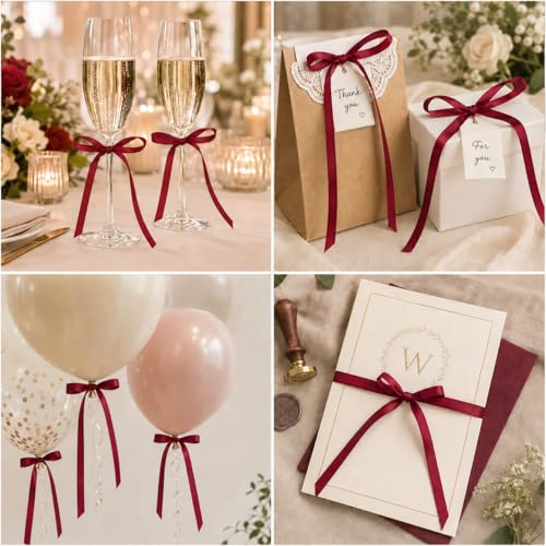 30 Pack Burgundy Satin Bow Cake Toppers - Pre-Tied for Easy Decoration