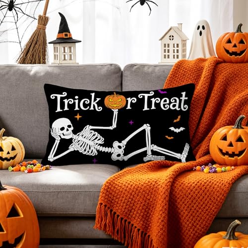 Halloween Skull Throw Pillow Cover 12x20 | Spooky Sofa Decoration