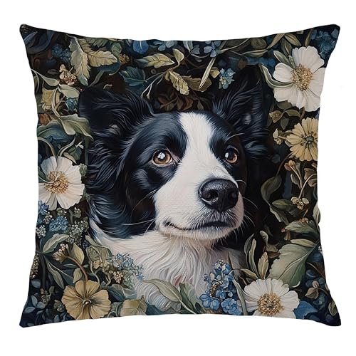 William Morris Inspired Border Collie Dog Floral Decor Pillow Cover 18x18