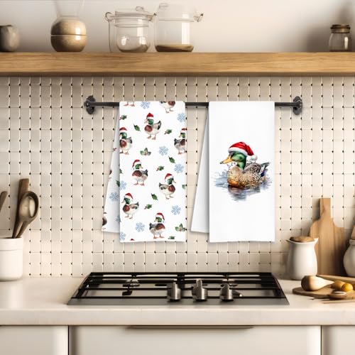Winter Christmas Duck Kitchen Towels Set of 2 - Duck & Santa Hat Design