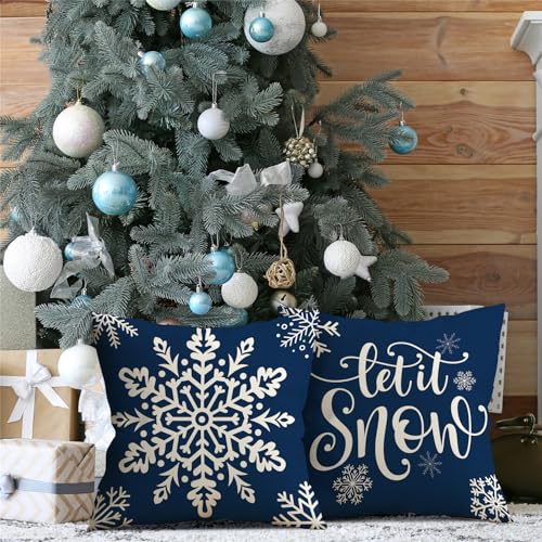 Blue Christmas Pillow Covers 18x18, Set of 4 Snowflake Holiday Decor