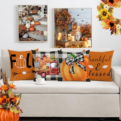 Thanksgiving Fall Pillow Covers Set of 4 - 18x18 Buffalo Check Pumpkin Truck