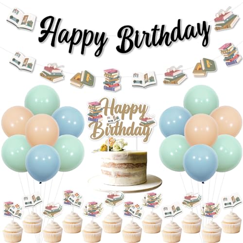 Storybook Birthday Decorations Set - Happy Birthday Banner & Cupcake Toppers with Balloons