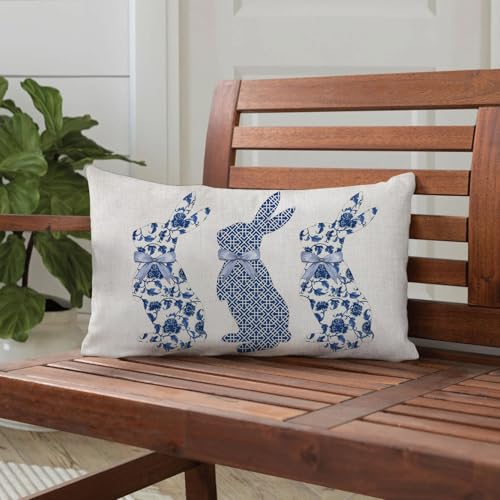 Blue Bunny Decorative Pillow Cover 12x20 Inch - Easter Chinoiserie