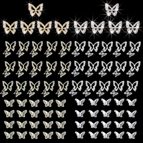 ALGLEA 80PCS 3D Butterfly Nail Charms Alloy Rhinestones Art Decor