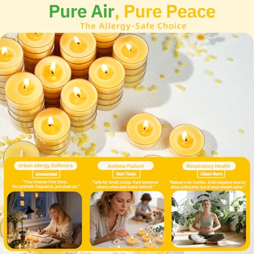 MAKALONE 12-Pack Pure Beeswax Tea Light Candles, 2-Hour Smokeless Burn