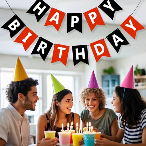 Black & Red Happy Birthday Banner Sign - Personalised Name Garland for Party Decorations