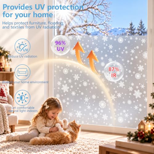 Christmas Snowflake Frosted Window Film Privacy Static Cling - White Snowflakes, 17.7 x 118 Inch