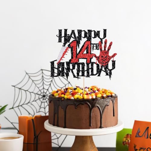 Glitter Killer Happy 14th Birthday Cake Topper - Halloween Decor