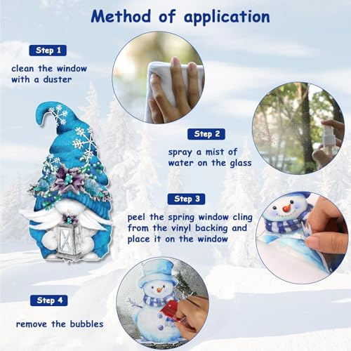 Hello Winter Gnome Window Stickers 131-Piece Watercolor Snowflake Decals - Blue Gnomes Christmas Decor