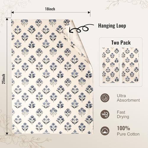 YZJZEDS Dusty Blue Block Print Floral Flour Sack Kitchen Towels Set of 2