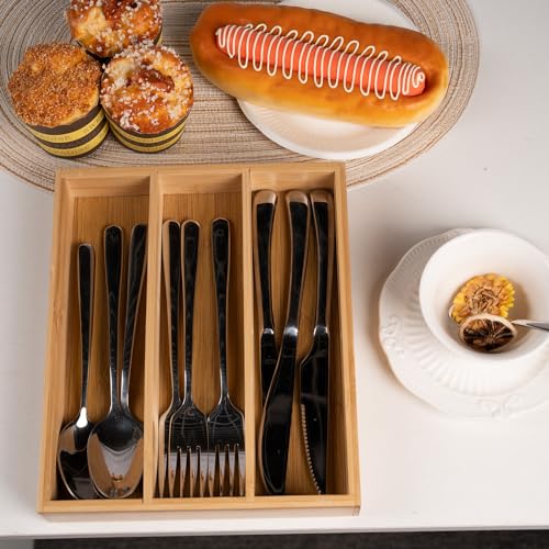 Fibogollo Bamboo Silverware Organizer - Natural 3 Compartment Utensil Tray