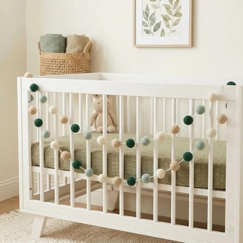 Boho Sage Green Felt Garland Set of 2 - Wall Decor for Nursery, Party & Holiday