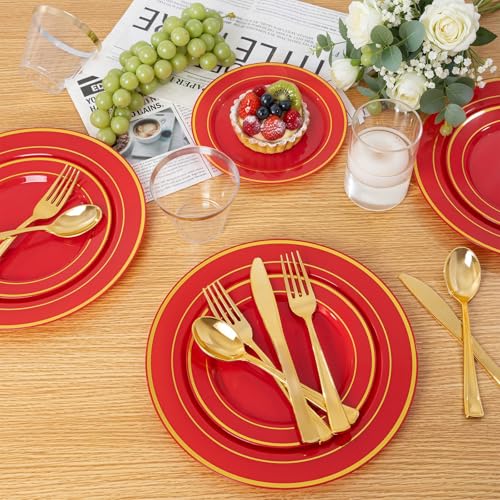 Red Plastic Party Plates Set 175 Pieces with Gold Rim Disposable Dinner & Dessert Plates, Cups & Napkins - Variation of THIS listing