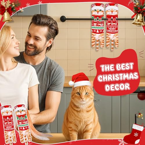 Christmas Cat Hand Towels Set - Orange Cat Hanging Kitchen Towels, 2 Pack