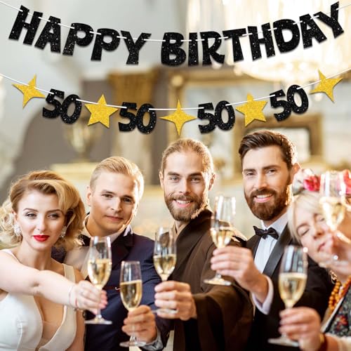 Happy 50th Birthday Banner, Black and Gold Pre-Strung Party Decoration
