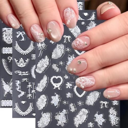 Winthrop 3D White Lace Nail Decals - Rose & Butterfly Bridal Stickers