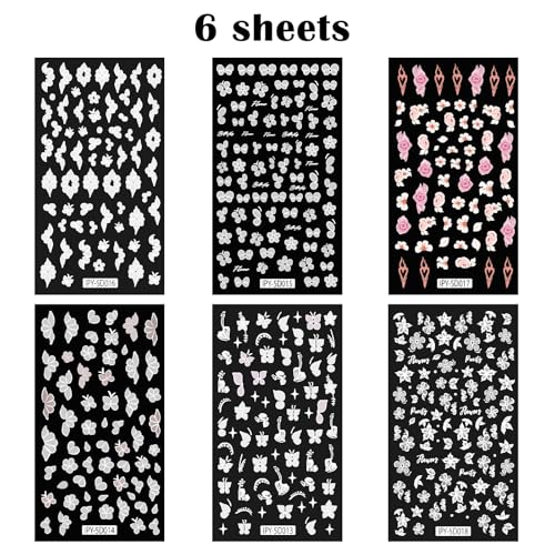 ITPOYOL 6 Sheets 5D Embossed Flower Nail Art Stickers Self-Adhesive Floral Decals