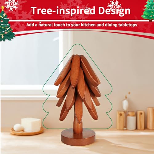 4-Piece Walnut Wooden Christmas Tree Trivet Set for Hot Dishes