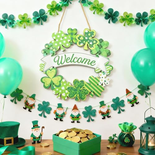 St. Patrick's Day Shamrock Welcome Sign - 11" Wooden Wreath