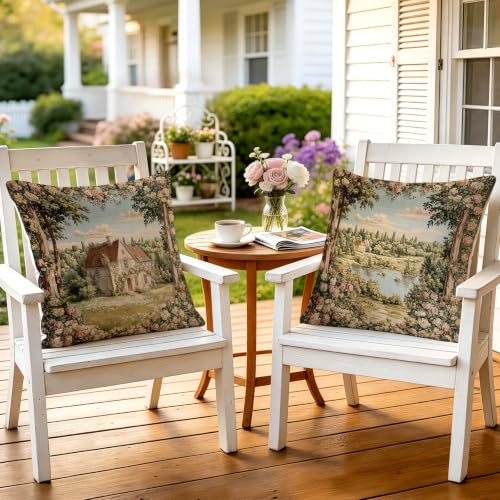 Vintage French Country Floral Pillow Covers, 18x18 Scene Cottage Set of 2