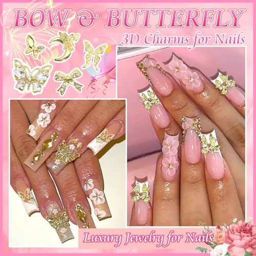 BELICEY 72Pcs Gold Bow and Butterfly Nail Charms 3D Alloy Rhinestones
