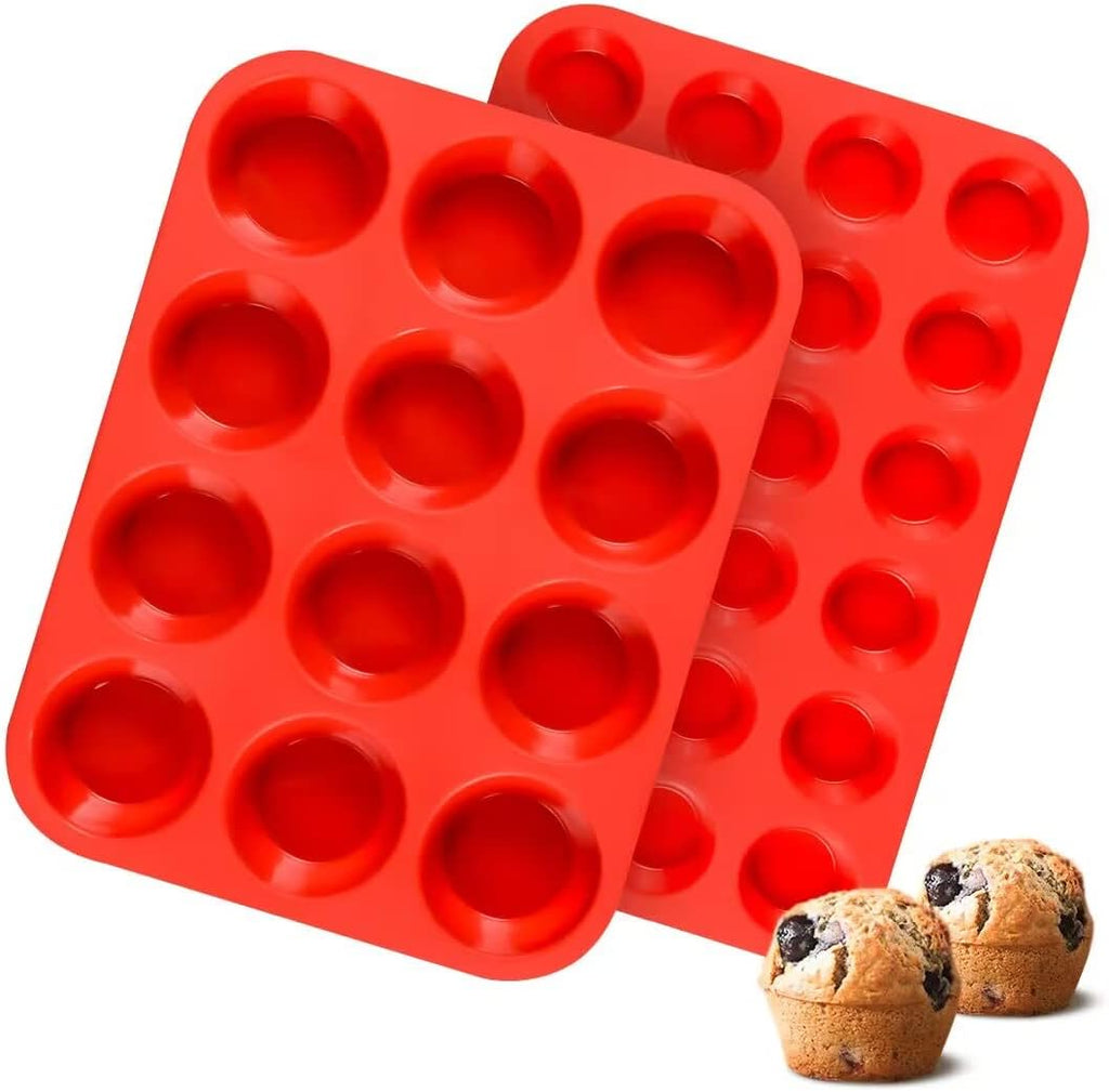 Silicone Muffin Pan Set by [Brand Name] - Mini 24-Cup & Regular 12-Cup Baking Tins for Egg Bites