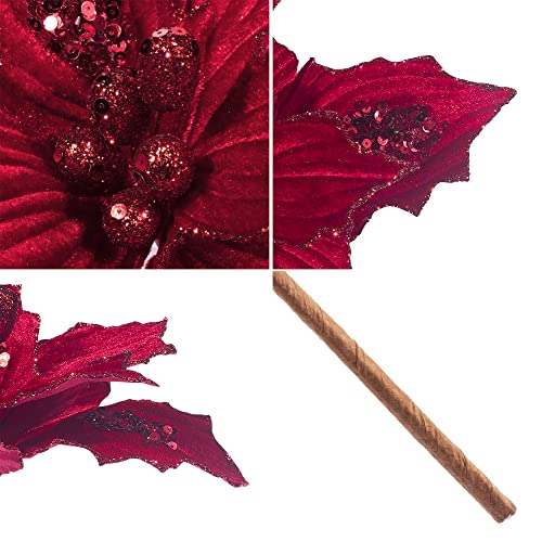 Red Velvet Christmas Poinsettia Flower Picks - 6pcs 10-Inch Holiday Decor