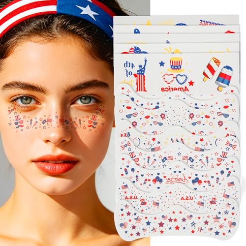 Ynaquest 4th of July Face Glitter Freckles - 12 PCS Red White and Blue Patriotic Temporary Tattoos