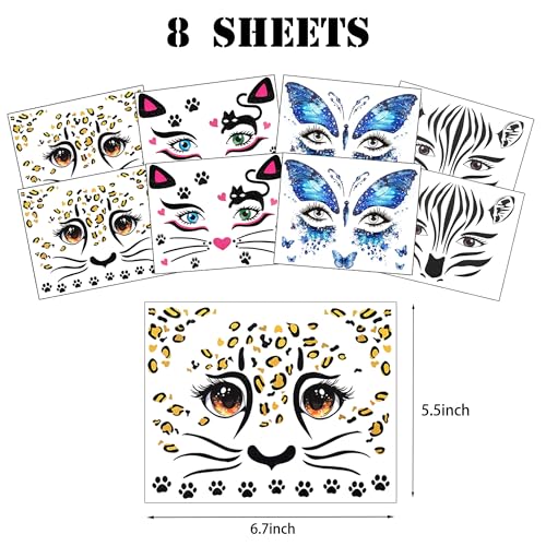 8Pcs Halloween Temporary Tattoos For Kids - Cat & Animal Sticker Designs